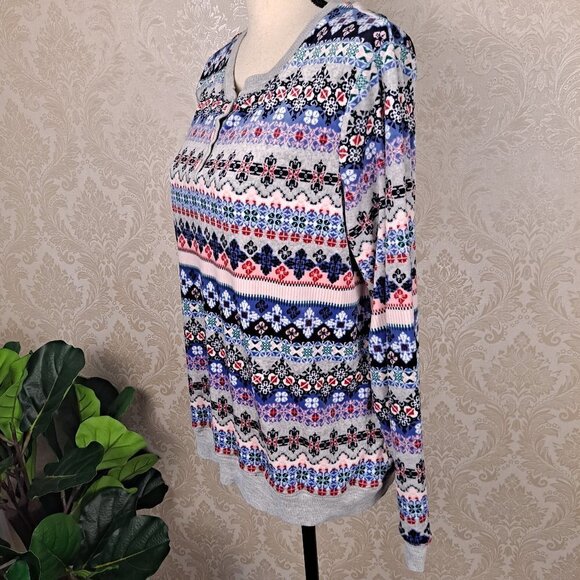 Jane & Bleecker Size L Striped Patterned Fleece Henley Pajama Top Long Sleeve - Picture 7 of 13